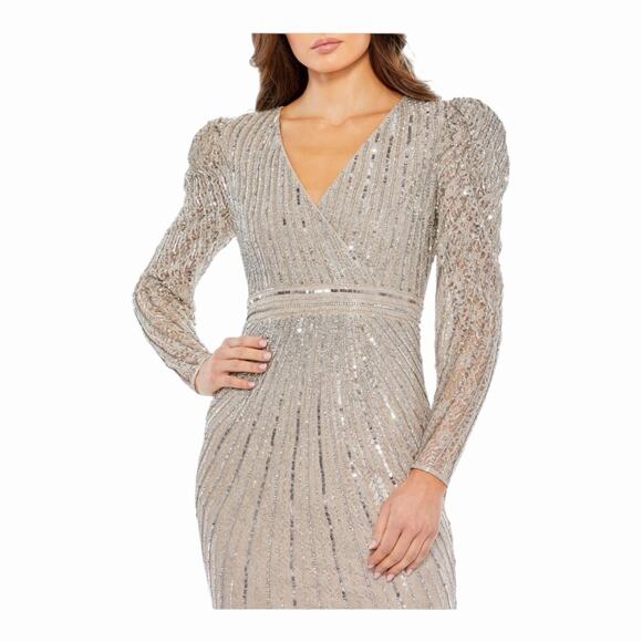 Mac Duggal 93676 Midi Dress Beaded V-Neck Long Sleeve Taupe Sequin Size 6 - Picture 3 of 14